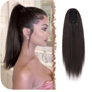 FESHFEN Straight Extensions Long Black Ponytail Hair